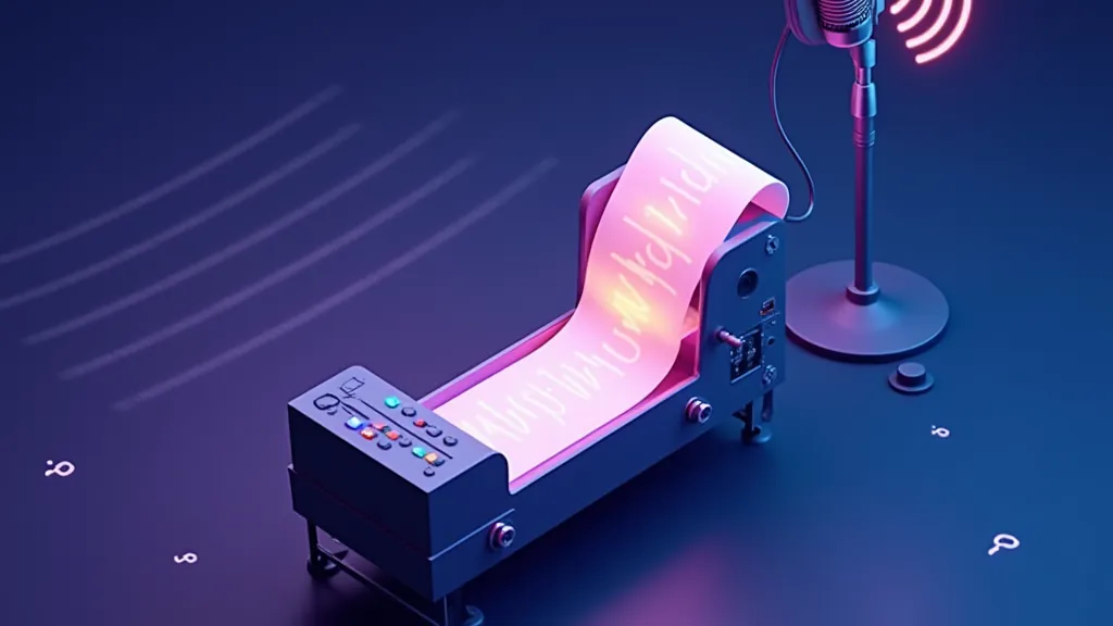Script cards moving along a conveyor toward a studio microphone, picturing a script generator feeding voice tools